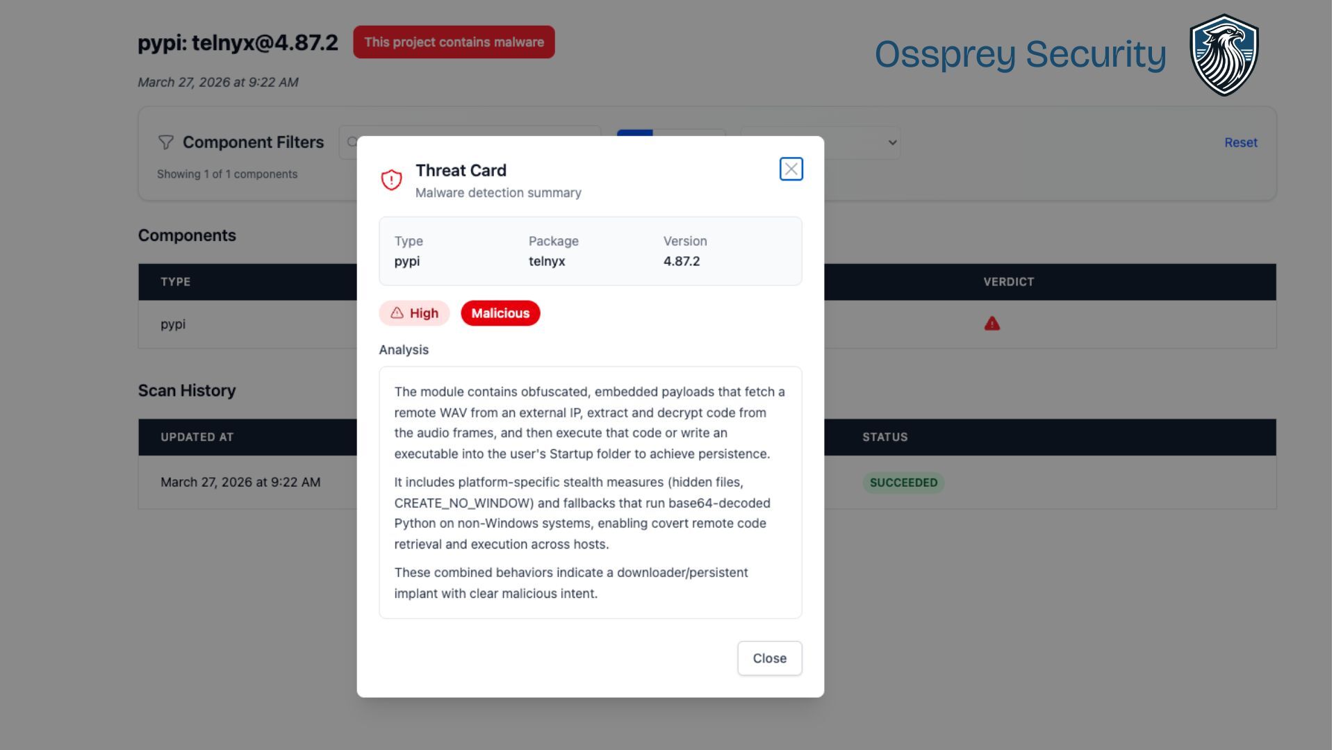 Ossprey dashboard detecting malicious telnyx packages